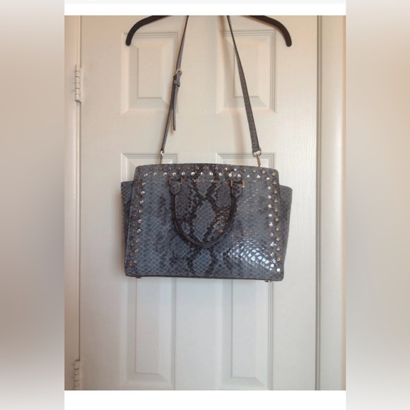 Pre-loved MICHAEL by Michael Kors 'Selma' Snake Embossed Jeweled Satchel - Denim - Picture 5 of 7